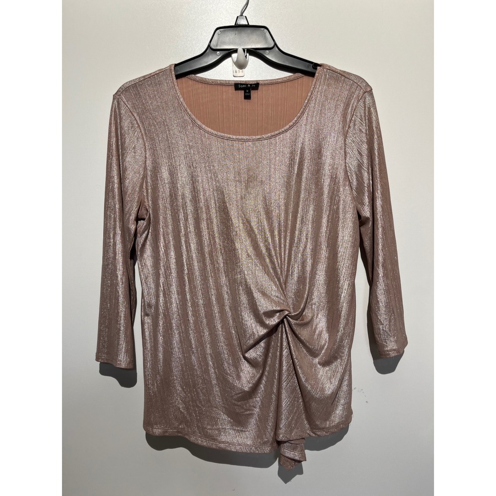 Sami & Jo Women Rose Gold Metallic Twist Front 3/4 Sleeve Pleated Top Size‎ M